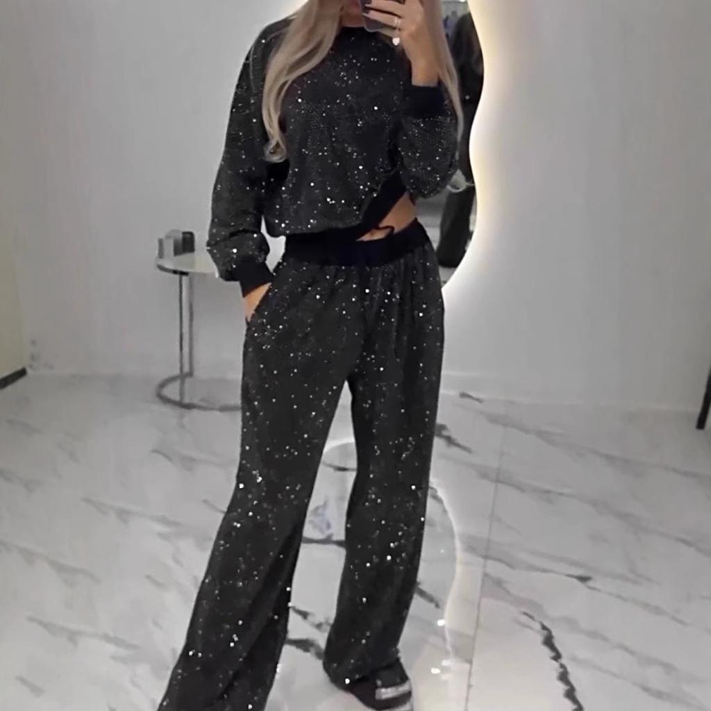 Women's Rhinestone Sparkly Long Sleeve Crew Neck Cropped Top Drawstring Wide Leg Pants 2 Piece Casual Tracksuit Set