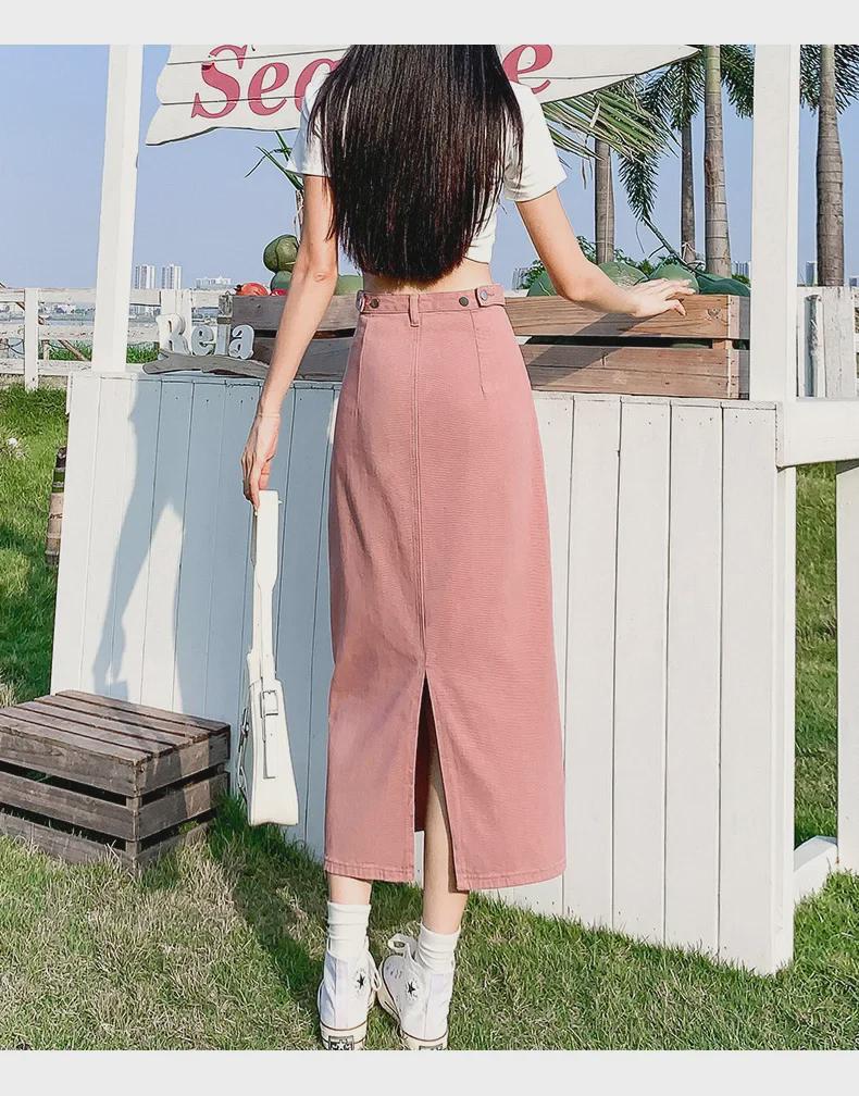 2024 Women's High Waist Pink A-Line Denim Skirt - Slim, Lightweight, Summer Style with Small Split