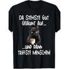 Unisex Short Sleeve Crew Neck T-shirt with Grumpy Black Cat Holding Coffee Cup and German Text Graphic for Casual Daily Wear Soft Cotton Feel
