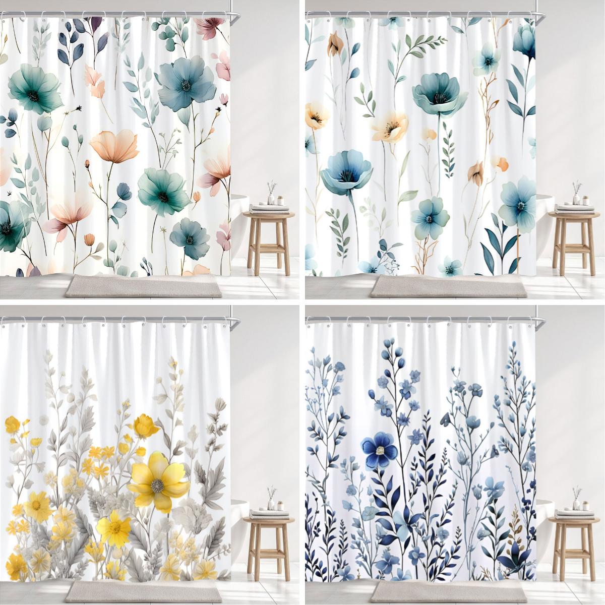 Dunika Chen Blue/Yellow/Grey Simple Watercolour Floral Shower Curtain Flower Botanical Flower Polyester Fabric Shower Curtain Bathroom Decor
