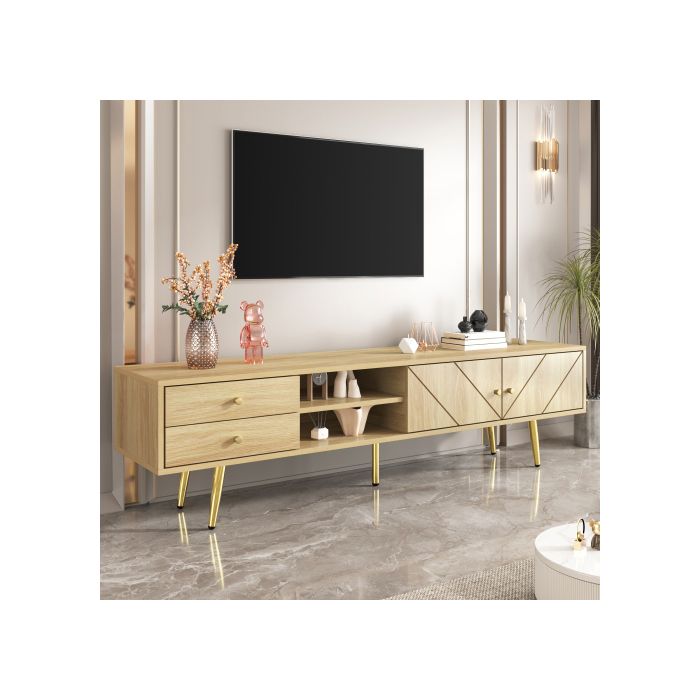 Armoire TV 160 Cm Avec Pieds Dorés, Deux Tiroirs Et Portes Au Design Unique