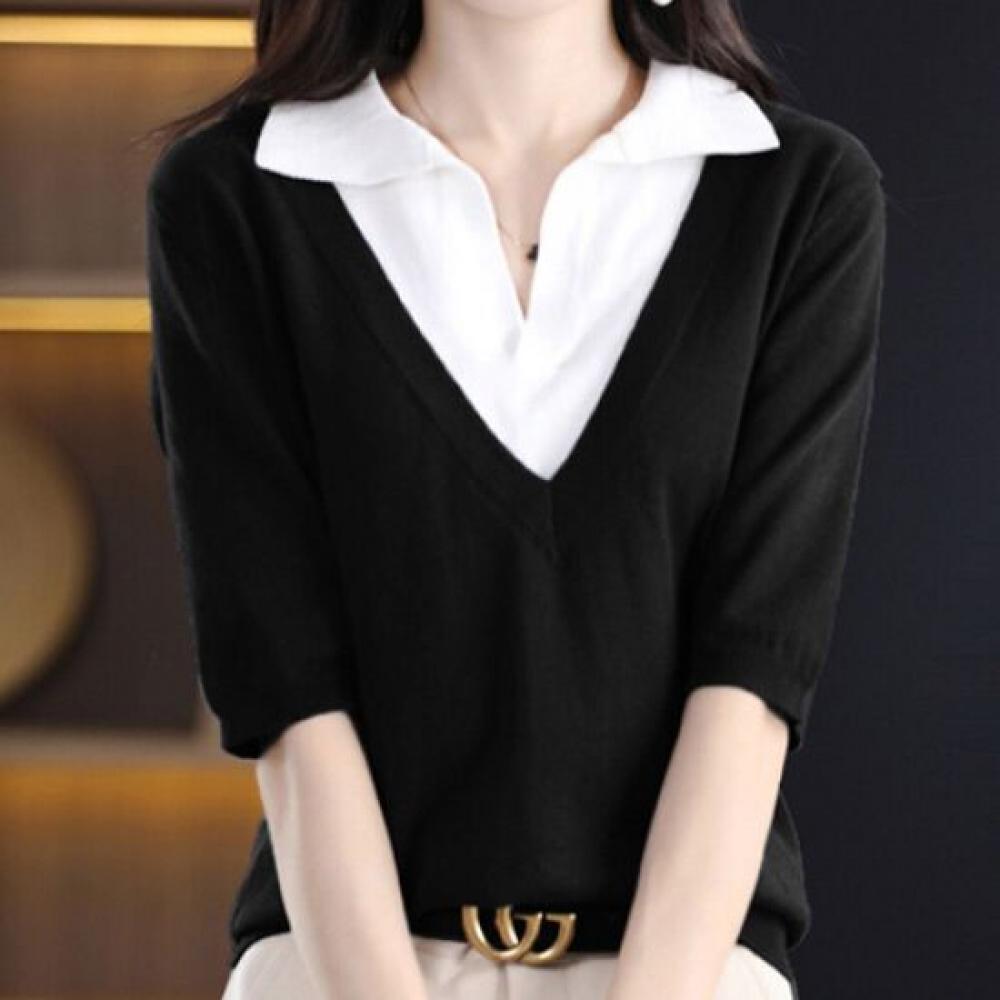 NaVaVa Soft Two In One V Neck Collar Short sleeVe Knit Tee Nk1400