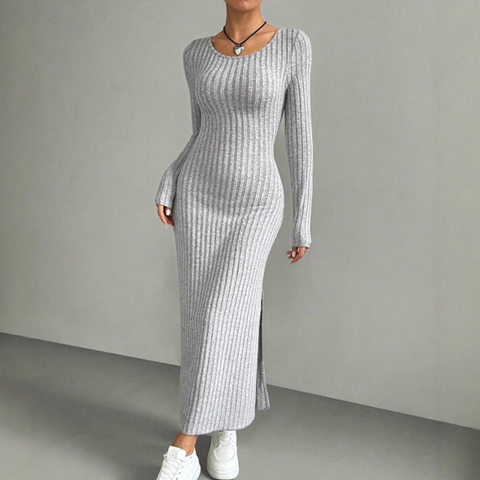 

Spring Autumn Solid Long Sleeve O-neck Gray Maxi Dress Women Fashion Elegant Skinny Straight Side Slit Knitted Dresses Clothing S