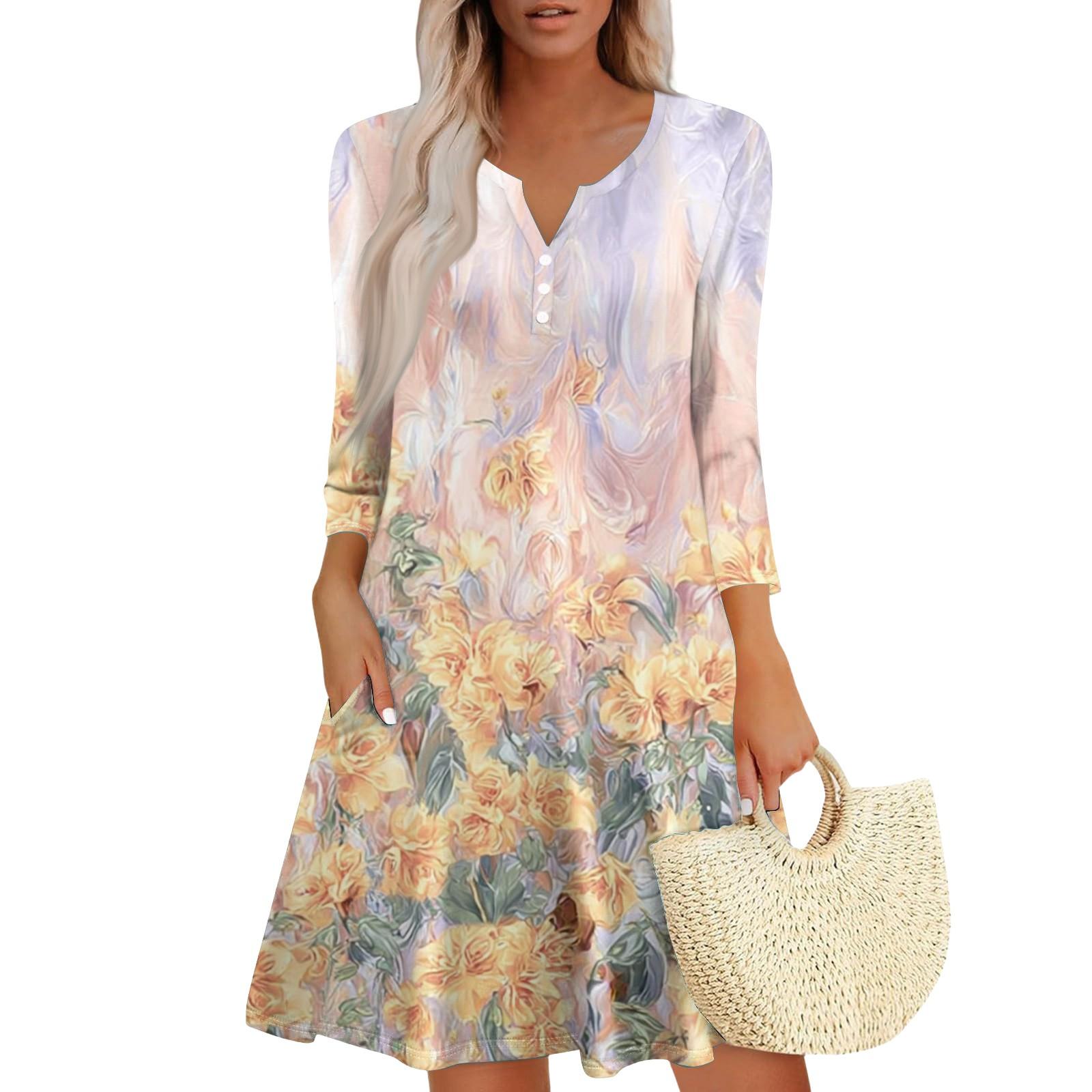 

Women s Fashionable V-Neck Button Seven Part Cuff Pocket Floral Dress XXL жовтий