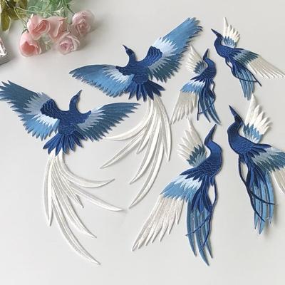 1Pcs Blue Phoenix Embroidery Iron-On Patches 3 Sizes Cran Bird Embroidered Patches For Clothes Applique DIY Clothes Repair Badge