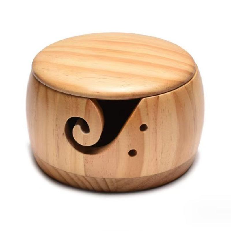 In Stock Solid Wood Round Yarn Storage Bowl with Character Carving