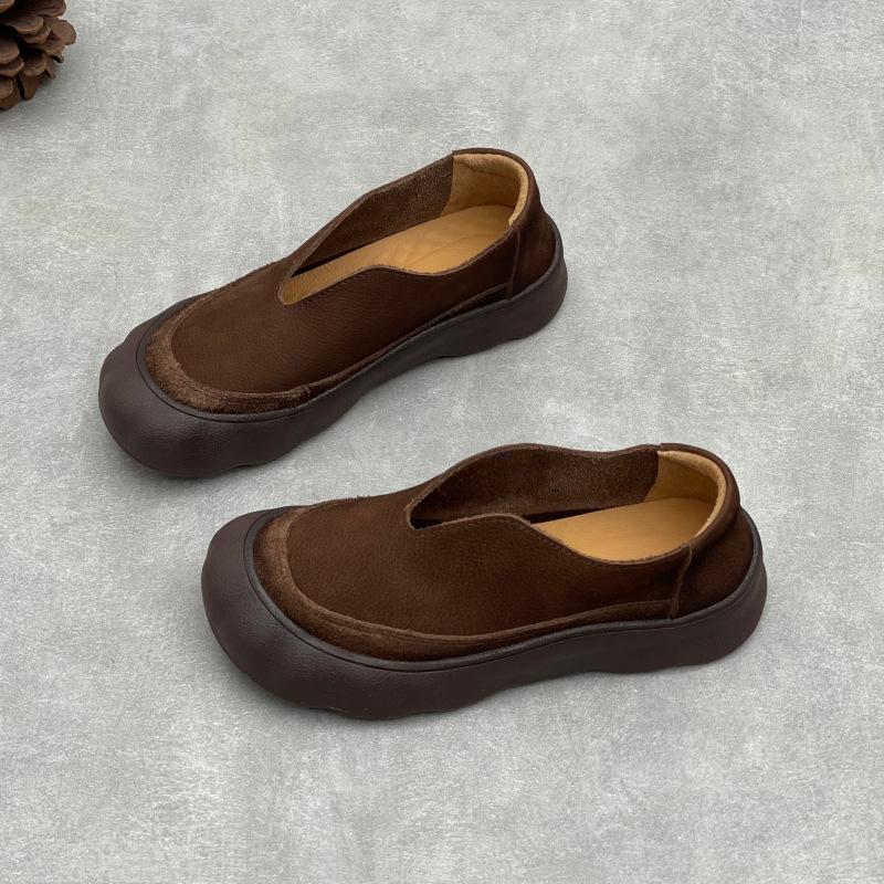 Johnature Vintage Handmade Genuine Leather Loafers Round Toe Thick Soled Cowhide Women's Slip-on Shoes