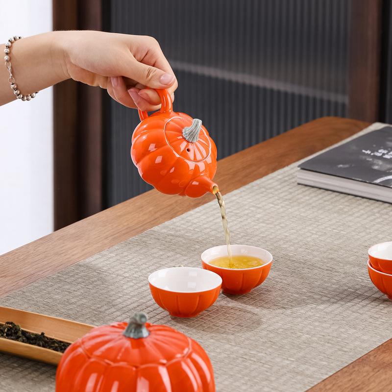 Ceramic Pumpkin Tea Set Gift Box Set Chinese Retro Tea Set Tea Pot and Cup Set