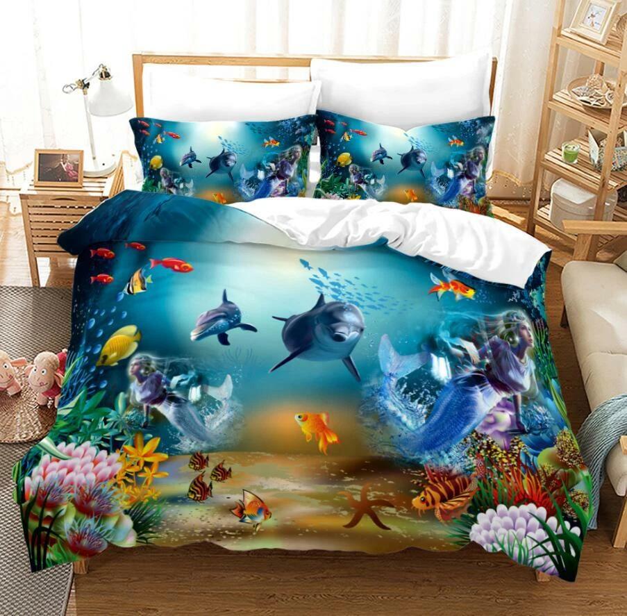 

Mermaid Dolphin Underwater Bedding Set Vibrant Ocean Duvet Cover Tropical Bed Cover Coastal Home Decor Ideal Marine Lover Gift for Twin/Queen/King Bed Baby 100x135cm