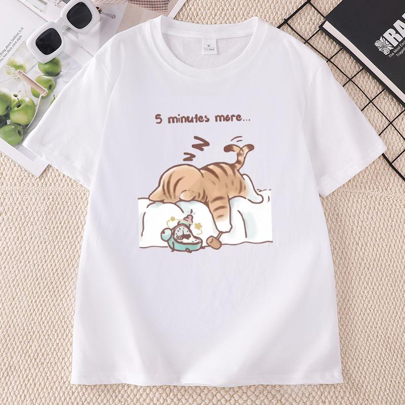 Funny Cat That Always Wants To Sleep Prints T Shirt ONeck Soft Loose Tee Tops Basic Unisex Clothes Casual Short Sleeve Tees