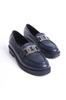 Women's Fashion Genuine Leather Thick Heeled Loafer Navy Blue Buckle Lofer Shoes