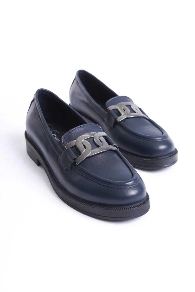 Women's Fashion Genuine Leather Thick Heeled Loafer Navy Blue Buckle Lofer Shoes
