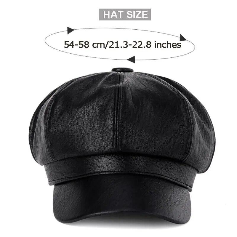 Autumn Winter Hats for Women Solid Plain Octagonal Newsboy Cap Men Ladies Casual PU Leather Hat Winter Beret Painter Cap