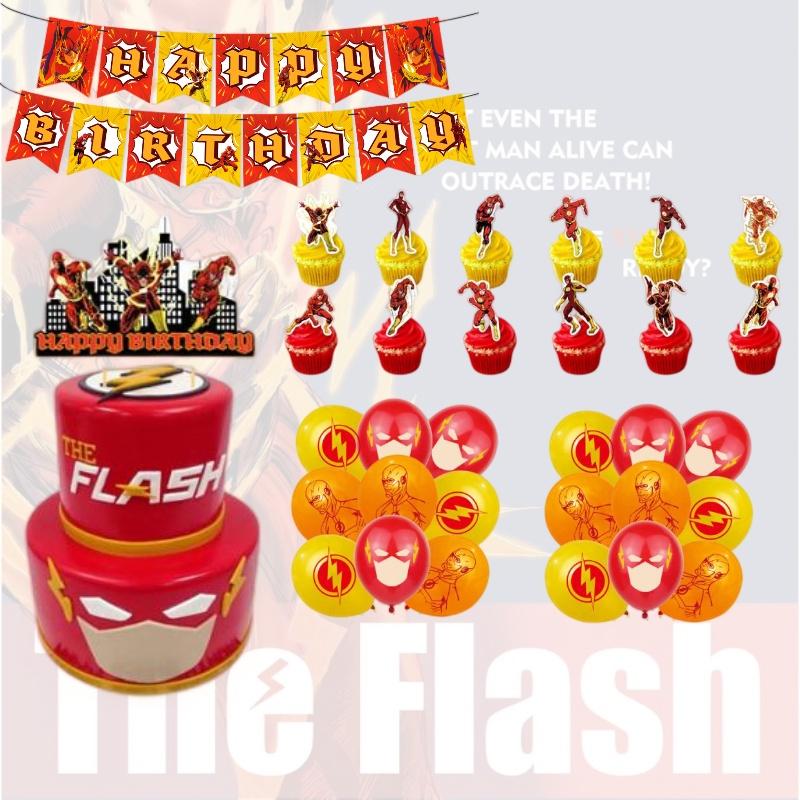 The Flash Themed Birthday Party Decorations Set With Banner, Cake Topper, And Balloons