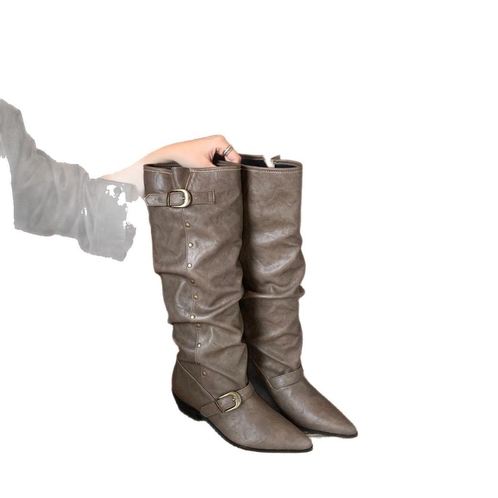New retro western pointed head European and American thick heel sleeve fashion boots rivet belt buckle boots