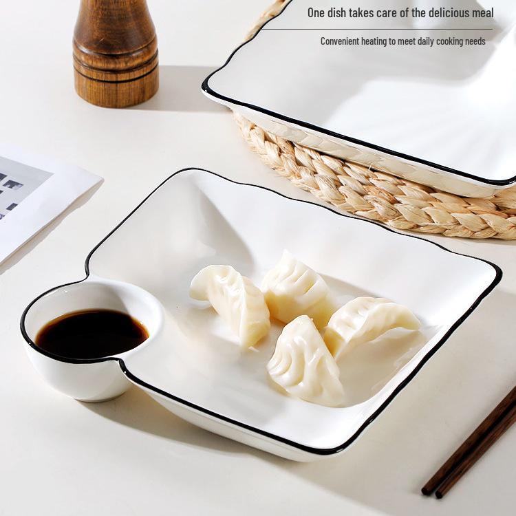 Compartmented Ceramic Dumpling Plate with Vinegar Dipping Dish