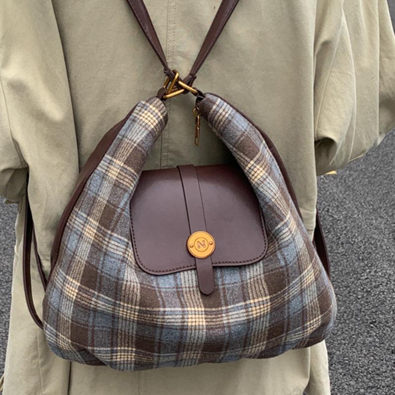 College Style Casual Woolen Plaid Backpack Bag Women's Autumn New College Style Shoulder Tote Bag