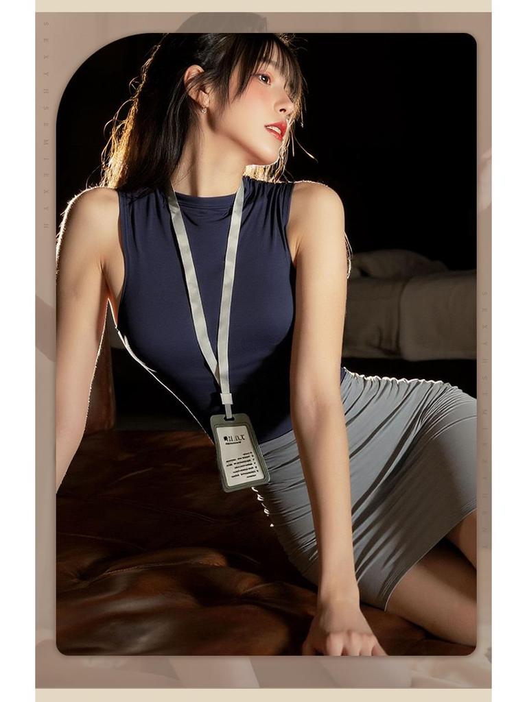 Sleek Mature Lingerie Secretary Uniform Set with Slim Fit Hip Wrap Skirt