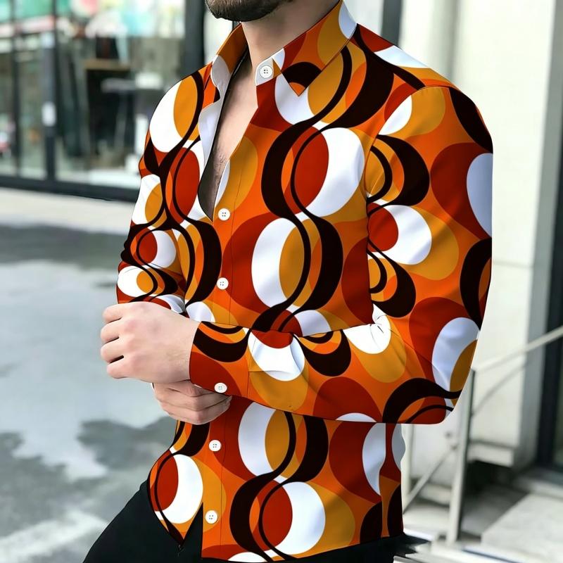 Men's Shirt Personalized Printed Long Sleeve Shirt Black Brown Contrasting Design Sense Shirt Street Trendy Men's Wear