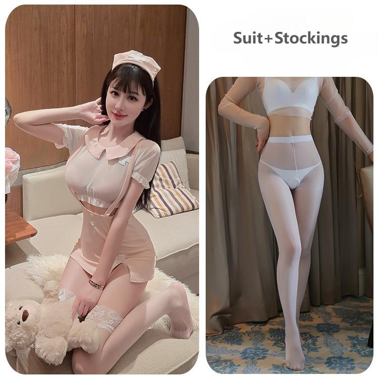 Womens Sexy Lingerie Erotic Nurse Cosplay Costumes Lace See-Through Package Hip Open Sling Nurse Skirt Bar Nightclub Uniform Set