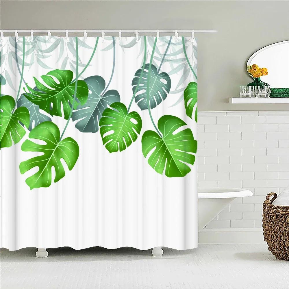 Waterproof Fabric Shower Curtain Printing Fresh Green Plant Leaves Bathroom Curtains Polyester Decoration Bath Screen With Ho