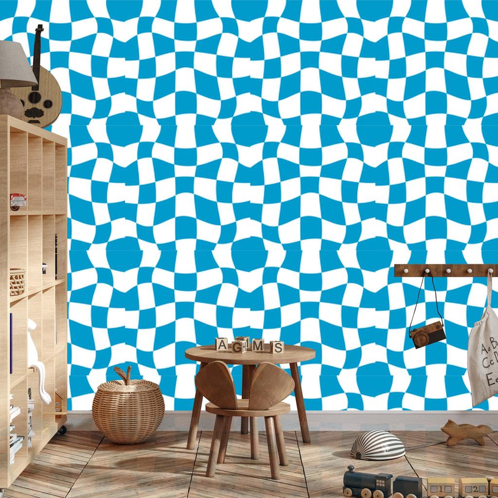 Wallpaper Casual checkerboard turquoise, white and celadon 50x1000