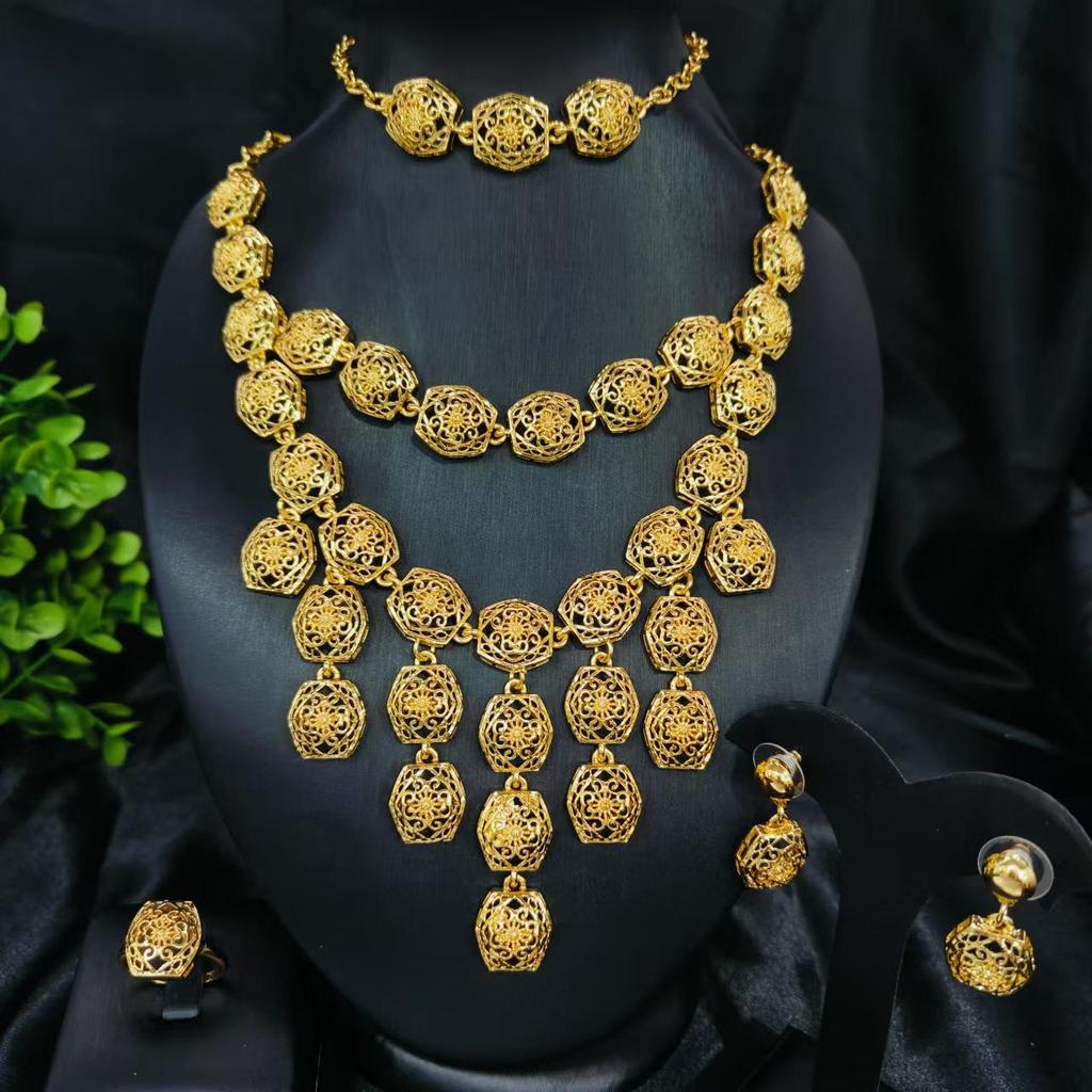 2023 Bestselling 24k Gold Flower Tassel Jewelry Set: Women's Necklace, Earrings, Bracelet & Ring for Weddings