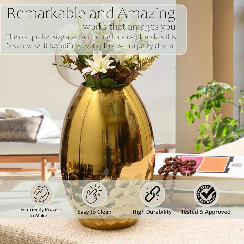 Luxury Gold Decorative Vase – 11 Inch Tall Iron Flower Vase with Honeycomb Design for Living Room, Office, and Dining Table (Gold)
