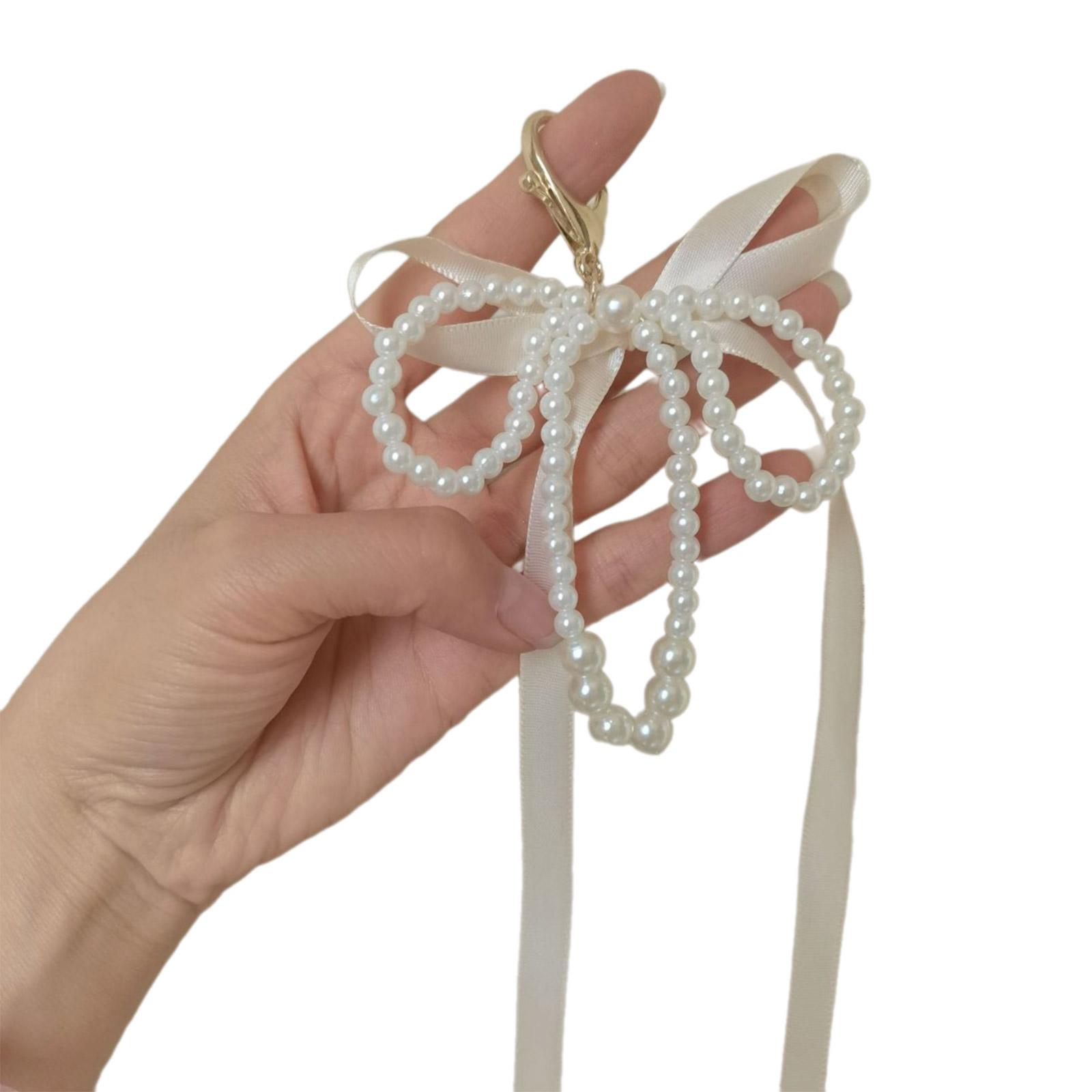 

Модная сумка-подвеска с имитацией жемчуга, брелок для ключей с бантом, подвеска для телефона, элегантный подарок, идеальный аксессуар для любого случая белый