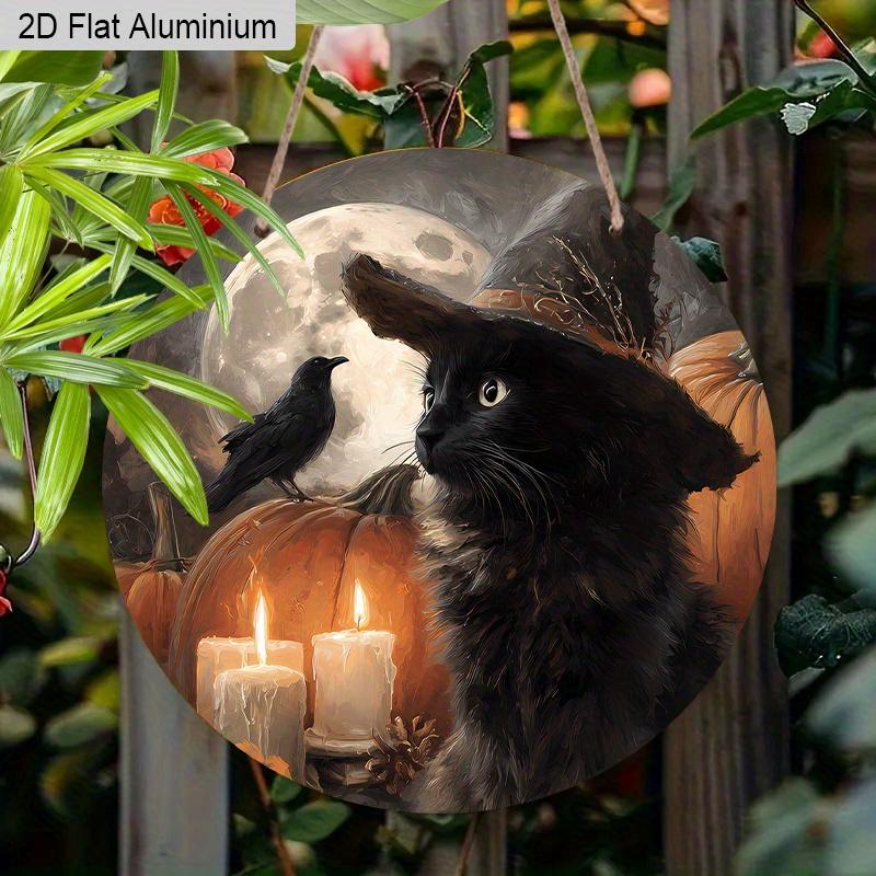 2D Flat Aluminium Halloween Sign with Black Cat Pattern - Halloween Figurine Ornaments - Ideal for Front Door, Wall, Porch, Window Decor - Ideal