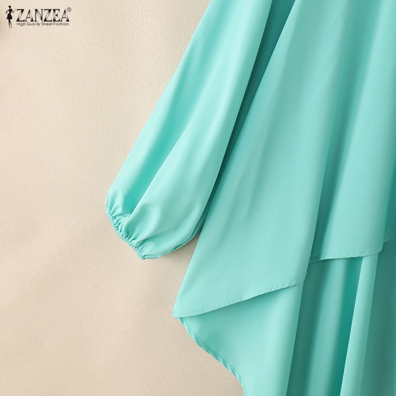 ZANZEA Women Casual Round Neck Loose Long Sleeve Asymmetrical Hem Cover Up Blouse