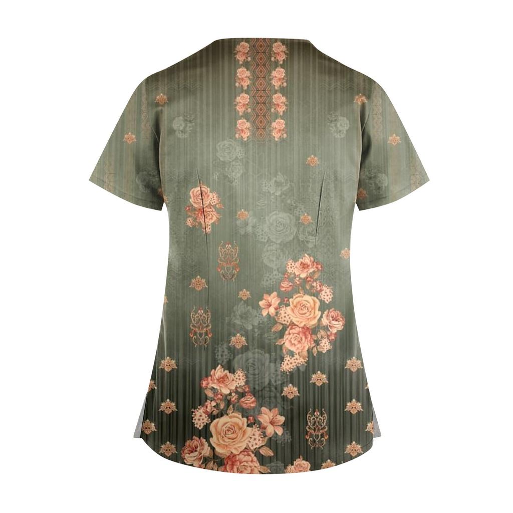 Women's Fashion V Neck Cross Retro Printed Uniform With Pocket T-Shirt Short Sleeve Top