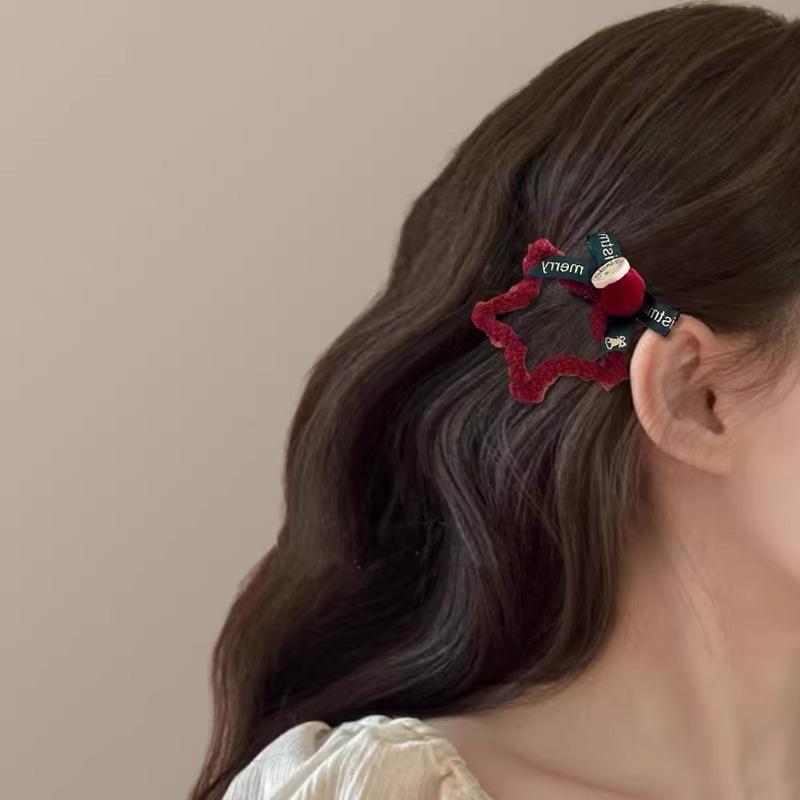 Red Star Bow Hair Clip for Women - New Year Headdress, Cute Bangs & Side Clip Hair Accessory