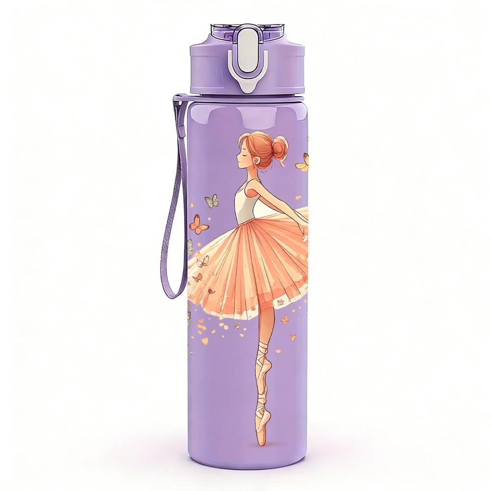 1PC Delicate Pink Ballerina Dancer Print 750ml Color Plastic Sports Water Bottle Leakproof Flip Straw Lid Suitable for Sports Office Home Use