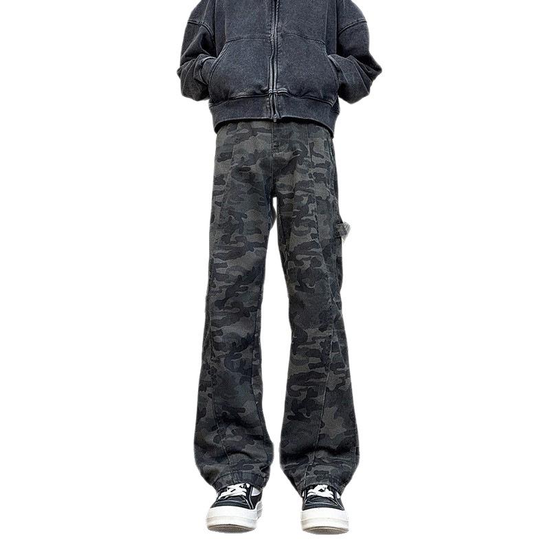 American Micro-pull Camouflage Pants Men's Spring Ruffian Handsome Straight Pants, High Street Lumberjack Denim Trousers
