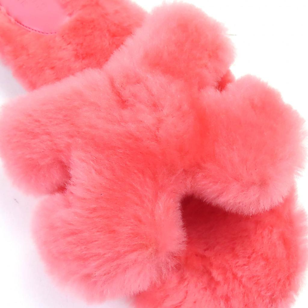 Great HERMES Mule Oran H Logo Fur Sandals Pink Sheepskin Leather 37 231288Z Used
