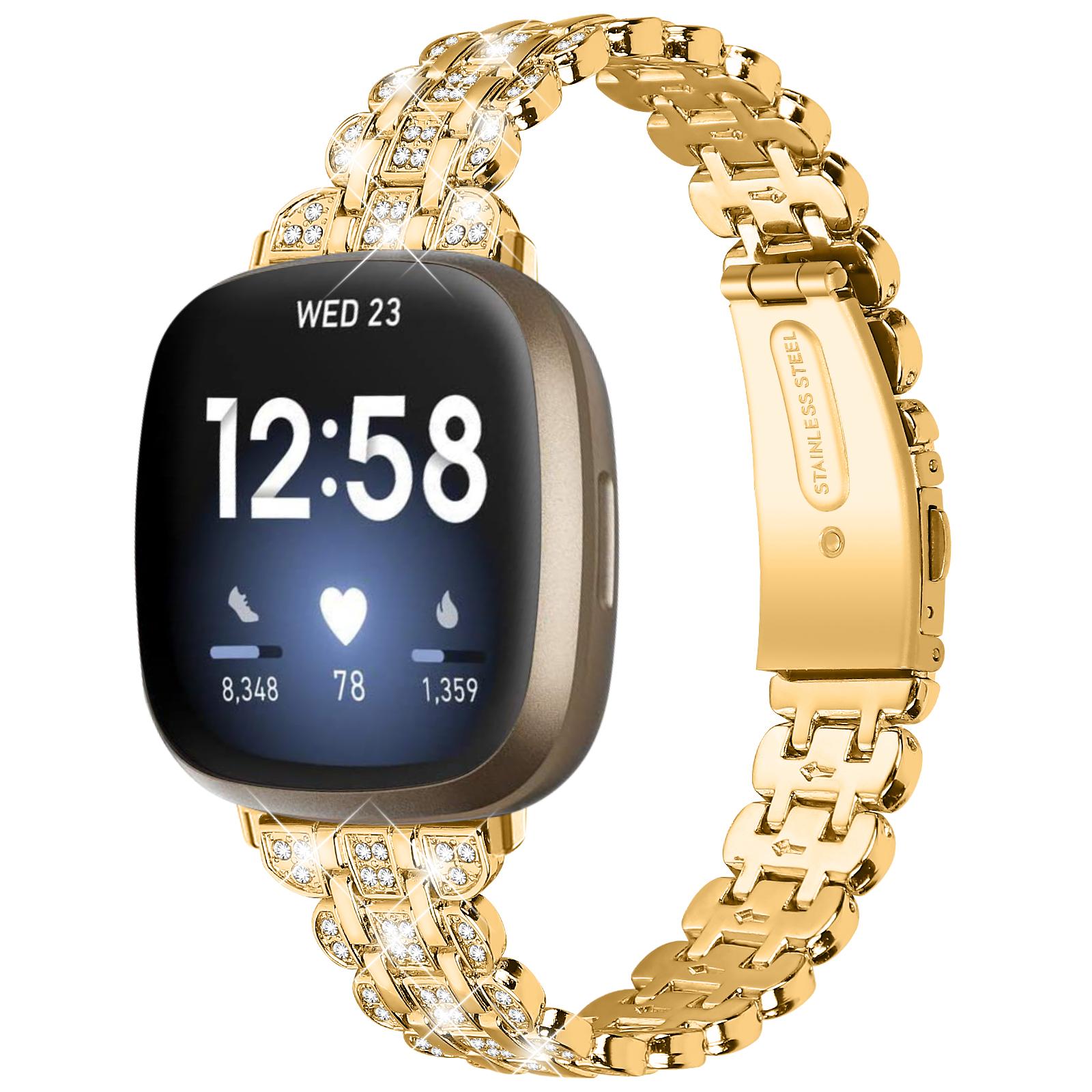 

For Fitbit Versa 4/Sense 2 Metal Wristband Rhinestone Decor Shiny Replacement Bracelet Silver