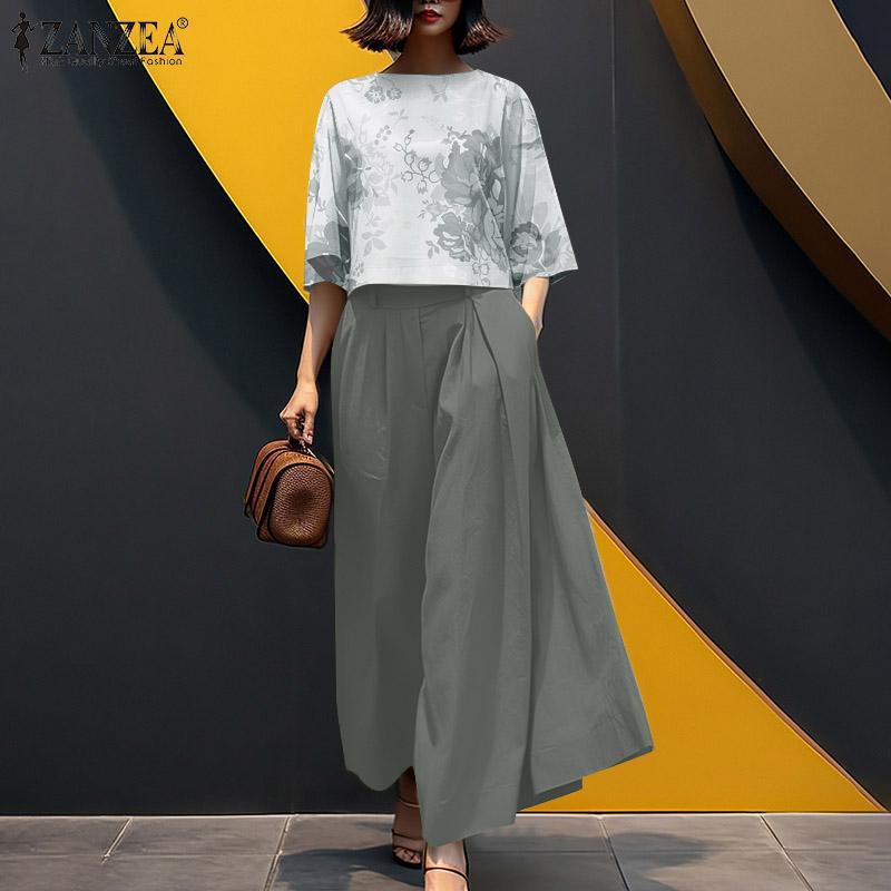 ZANZEA Women Print 3/4 Sleeve Blouse and Wide Leg Pants Casual Two Piece Suit Sets