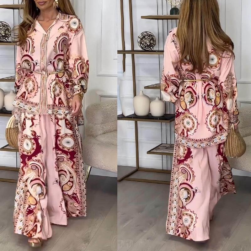 2025 Women's Graffiti Print Two-Piece Set: Turn-Down Collar Shirt & Long Pants