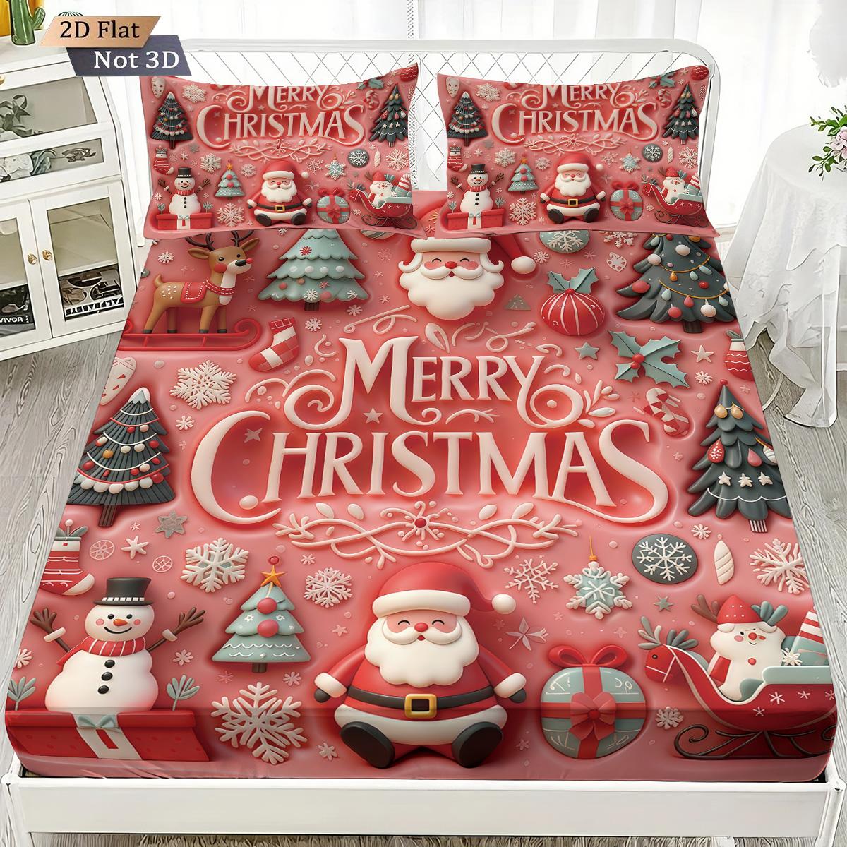 

3pcs imitation relief pink Santa Claus print coreless bed sheet set multiple size bed cover bedroom bedding decoration 120x200
