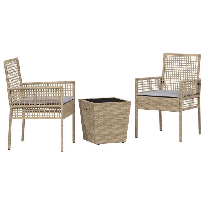 Ensemble de Bistro de Jardin 3 Pièces avec Coussins Beige en Poly Rattan 3334958