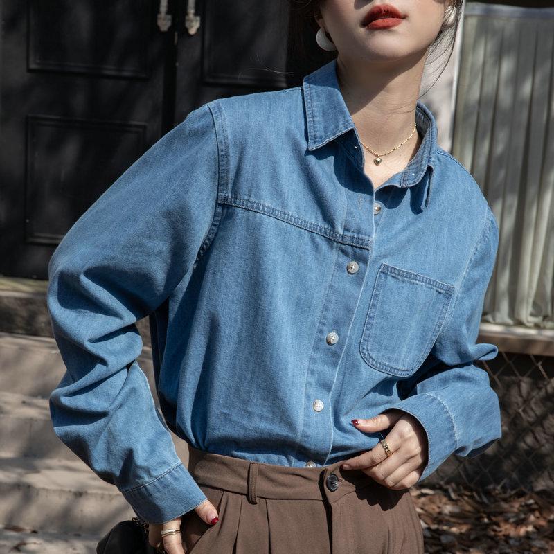 Damska koszula dżinsowa z długim rękawem - Wiosna/Jesień 2025 Retro francuski dopasowany krój