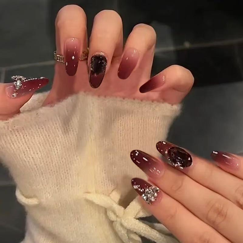 Dried Rose Gradient 3D Crystal Rhinestone Nails - Exquisite Whitening Cute Manicure