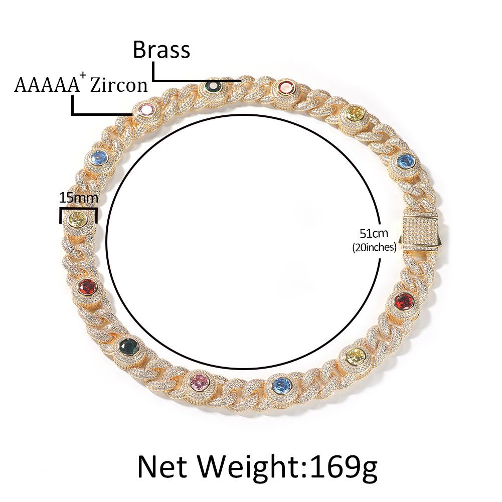 Hip Hop 15mm Color Zircon Cuban Necklace Male and Female Personality Dopamine Color Necklace