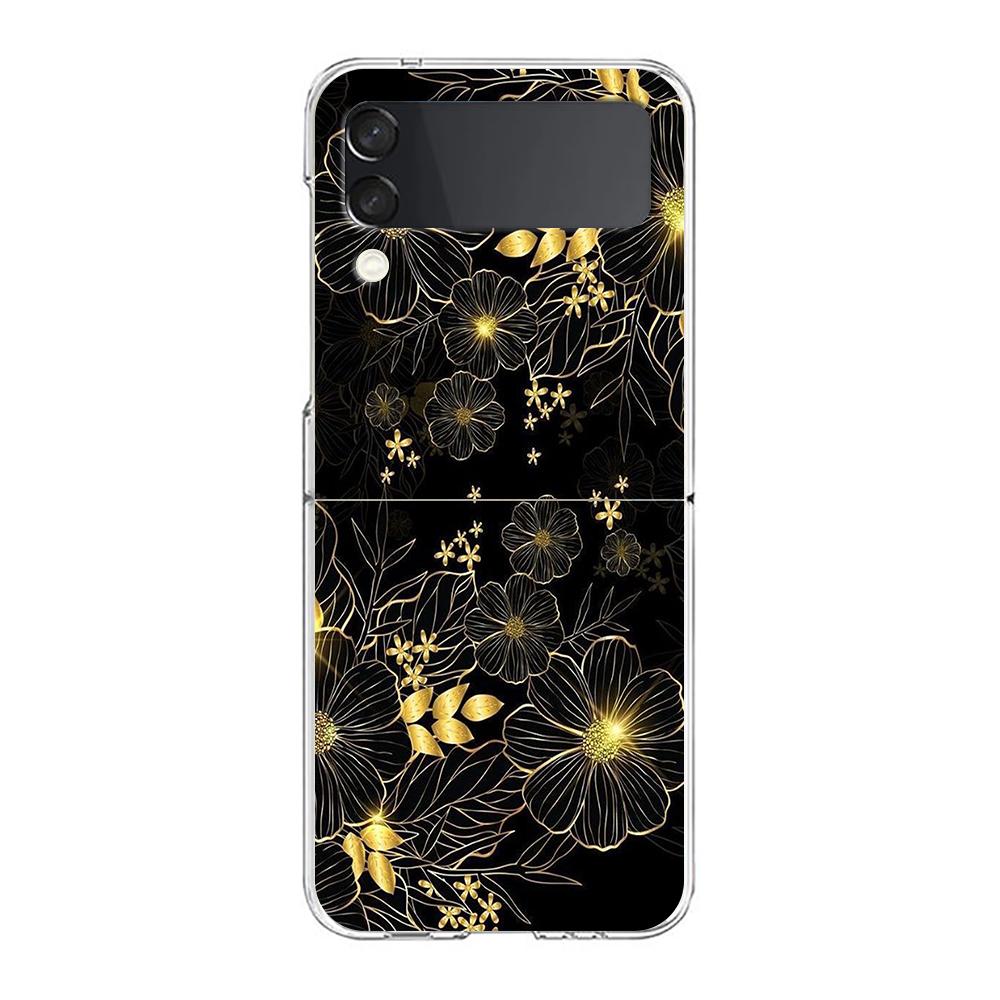 Gold Foil Art Hard PC Phone Case For Samsung Galaxy Z Flip 5 4 3 Transparent Cover For Galaxy Z Flip 6 Foldable Shockproof Cases