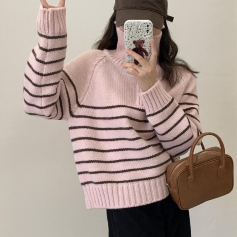 

GMXIA Полосатый свитер-пуловер с застежкой-молнией на половину длины, женский, осень/зима, свободный, напускной, плотный трикотаж one size fits all розовый