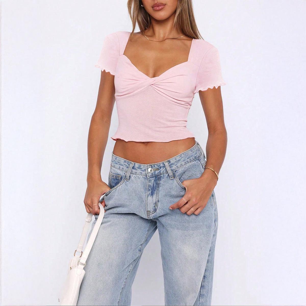 

Весенне-летняя женская сексуальная утягивающая футболка с V-образным вырезом и коротким рукавом M розовый