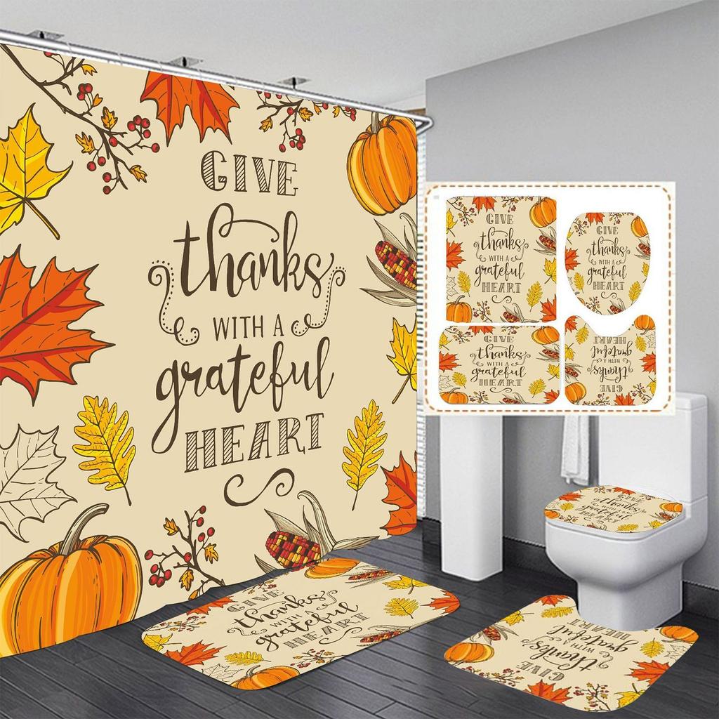 Four-piece Set Of St. Halloween Printed Shower Curtain Carpet Mat Combination Bathroom Toilet Mat Bathroom Curtain Set 45*75 Four-piece Set