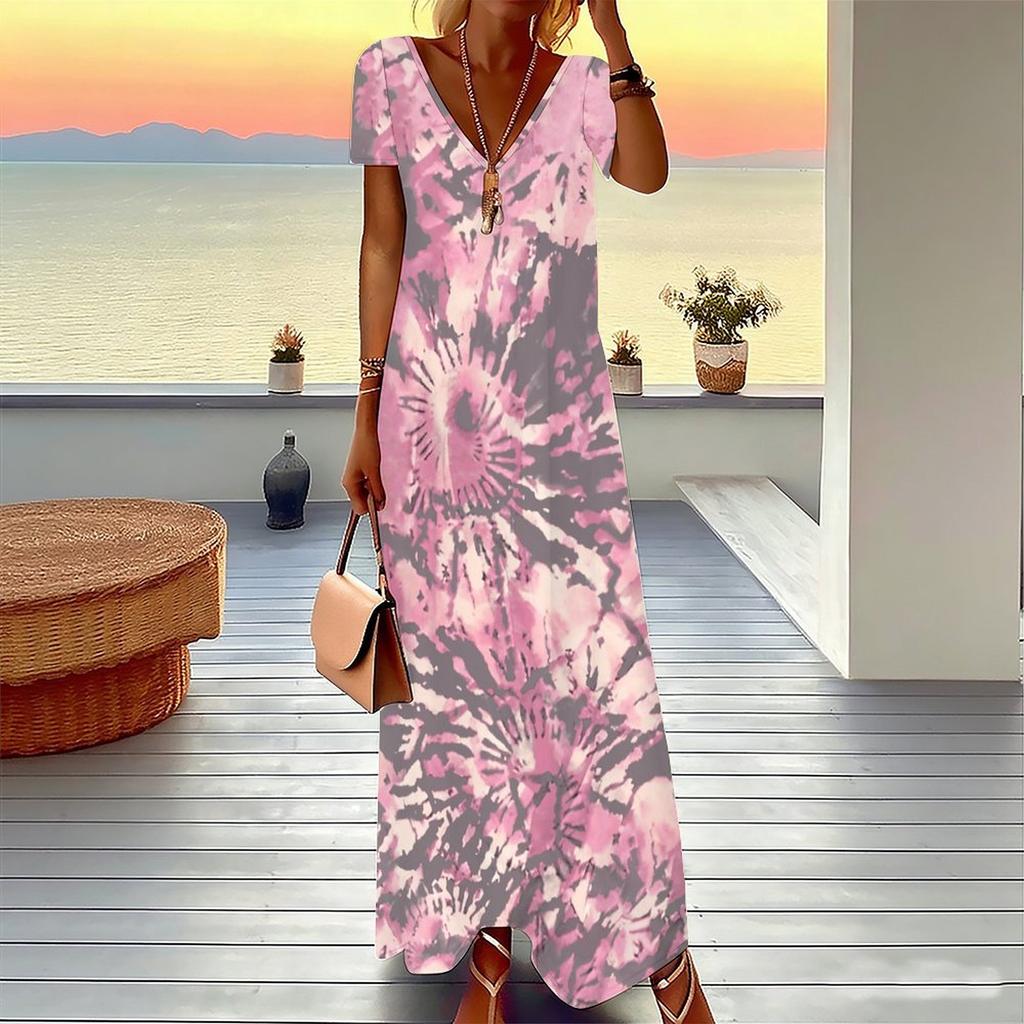 Women Plus Size Short Sleeve V Neck Maxi Dress Loose Tie Dye Print Beach Vacation Long Dress