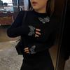 Plus Size Butterfly Embroidered Semi-High Collar Long Sleeve Knit Top